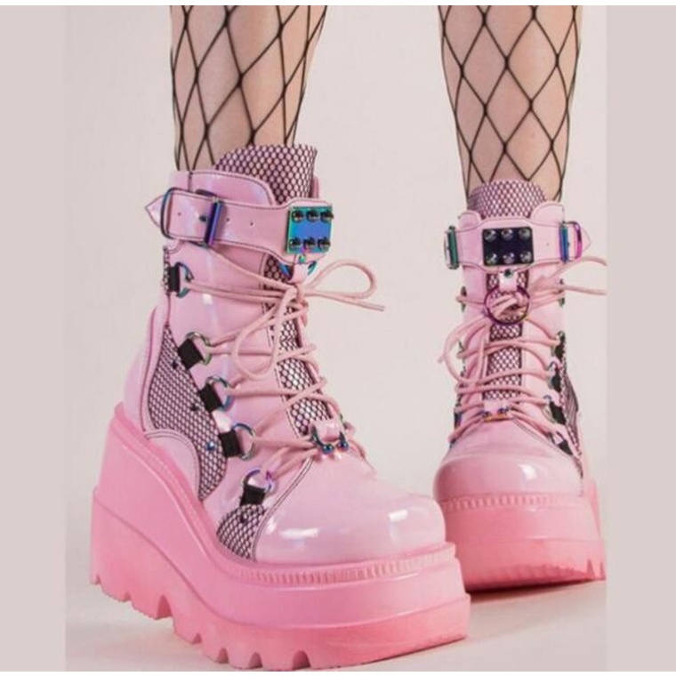 Y2k รองเท้าบูทมาร์ตินผู้หญิงพื้นหนาสีชมพูพลัสไซส์แฟชั่นรองเท้าสั้น รองเท้าบูทมาร์ติน ส้นหนา แฟชั่นฤด