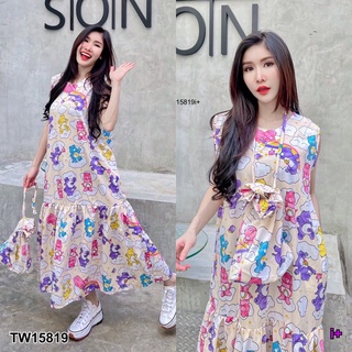 TW15819 Maxi Dress เดรสยาวแขนกุด เย็บต่อชาย มีซิปหลัง มาพร้อมกระเป๋าสะพายข้าง เนื้อผ้าไหมเกาหลีเนื้อผ้าดี ผ้าพิมพ์ลายหมี