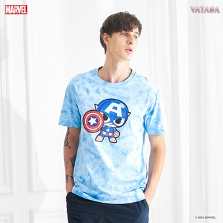 VATANA - เสื้อยืดมัดย้อมโอเวอร์ไซส์ เสื้อสีฟ้า พิมพ์ลาย MINI HEROES: CAPTAIN AMERICA