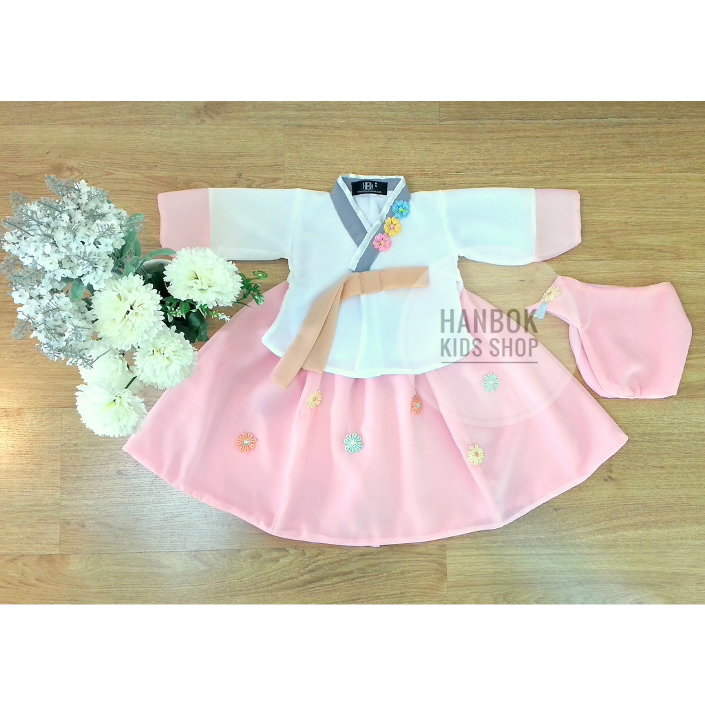 ชุดฮันบก สำหรับเด็กหญิง ผ้าชีฟอง สีขาว-ชมพู