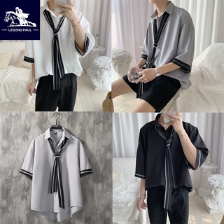 College Style Korean Mens Loose Shirt Five-point Sleeve Free Tie