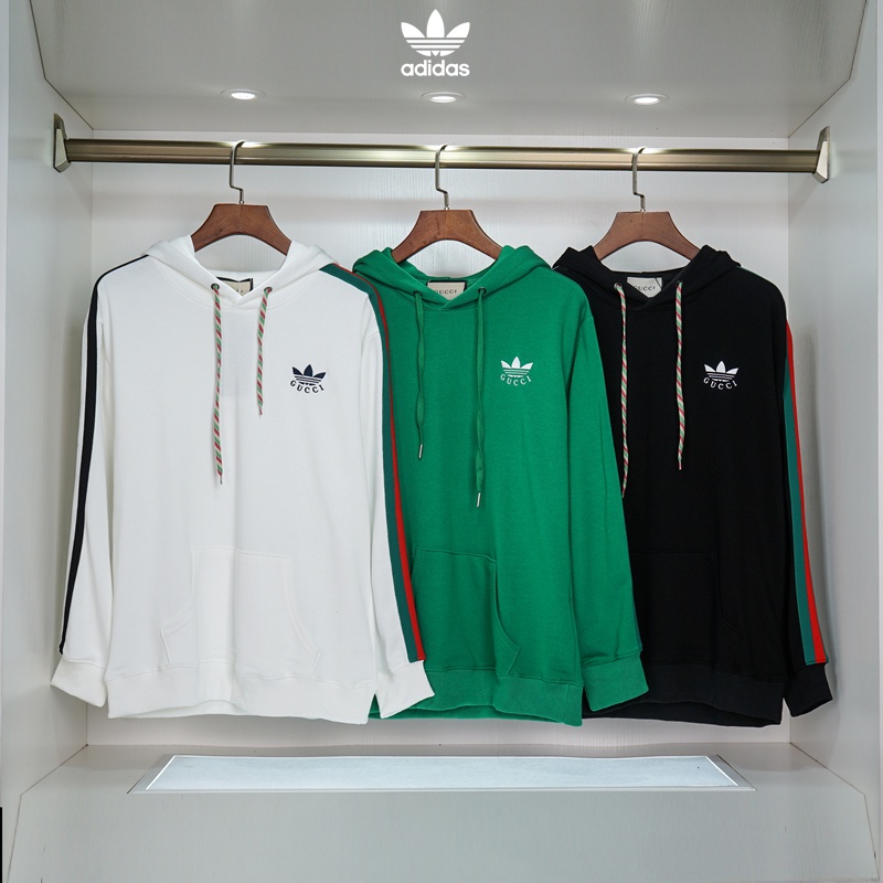 ADIDAS GUCCI M-3XLAdidasGucci Clover Unisex ปักโลโก้ Vintage Color-block Hooded Sweatshirt คู่ผ้าฝ้า