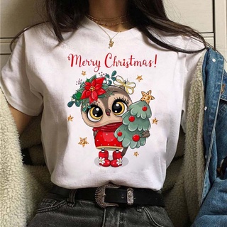Cute Cartoon Owl Graphic Printed Tops Merry Christmas Women T-shirt Short Sleeve T-shirt White Tshirts 471