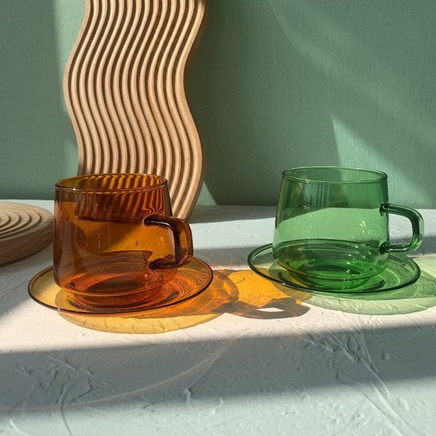 HoneypiesRoom Sunset Coffee Glass Cup set, Heat Resistance Amber Emerald Green 350ml