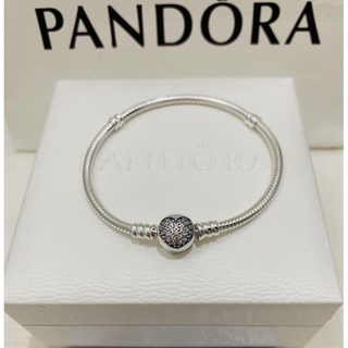 Pandora moments sparkling heart clasp snake chain bracelet size18, 19, 20, 21 แท้100%