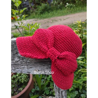หมวกถักโชว์โบว์ สีแดงสด หมวกงานฝีมือ
