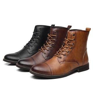 High Top Men รองเท้าบู๊ทมอเตอร์ไซค์ PU หนัง Lace-up รองเท้าผู้ชายทหารชี้อังกฤษฤดูหนาวฤดูใบไม้ผลิรองเท้าบู๊ทหิมะอย่างเป็นทางการ