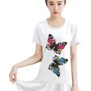 เสื้อยืดแฟชั่น ตัวยาว / แซกสั้น ผ้านุ่ม ลาย Twin Butterflies (สีขาว)