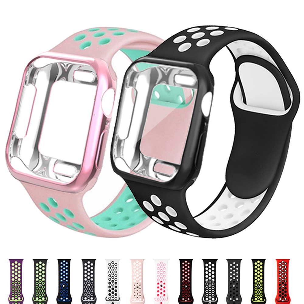 สายรัดซิลิโคนสร้อยข้อมือสีคู่พร้อมกรณีสำหรับ iWatch Series 11/10/9/8/7/6/5/4/3 / SE Ultra 49mm 46mm 45mm 41mm 44mm 40mm 42mm 38mm