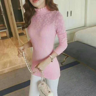 ❤❤แขนยาวไหมพรมคอเต่าระบาย งานทอลายในตัว แต่งดีเทลลูกไม้