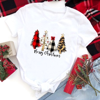 ⚡️ พร้อมส่ง⚡️ Buffalo Plaid and Leopard Merry Christmas Trees T Shirt Women Short Sleeve Winter Vacation Gift Top Tshirt