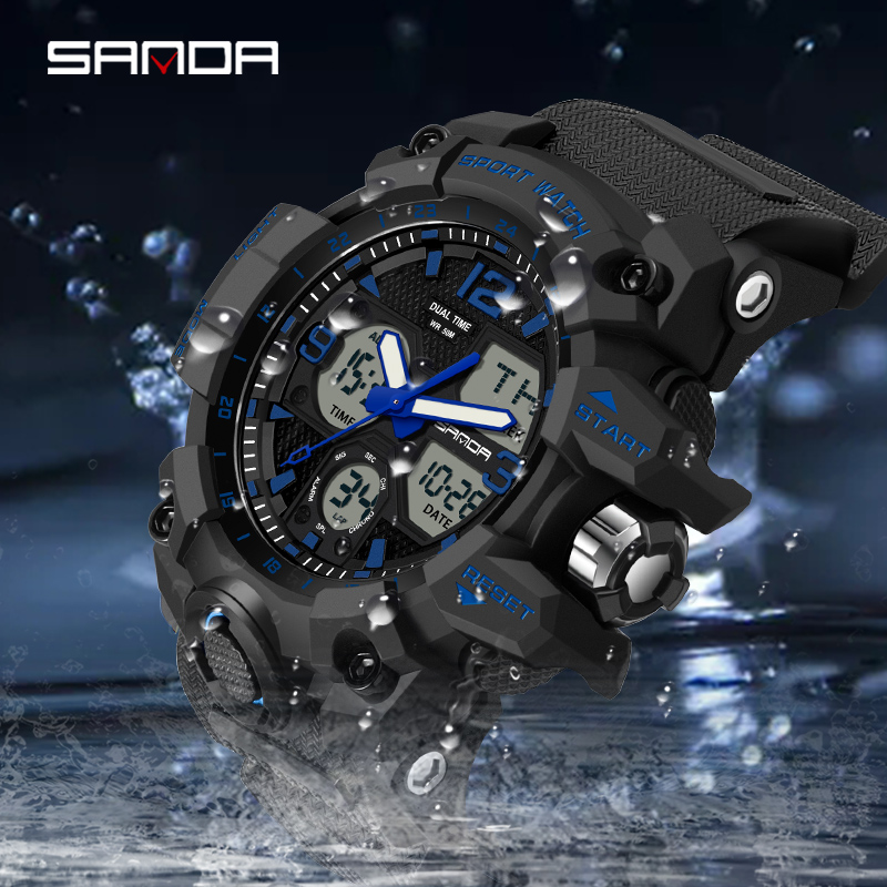 นาฬิกาข้อมือผู้ชายกันน้ำ SANDA นาฬิกาสปอร์ตแฟชั่นส่องสว่างสุดหรู LED Outdoor Analog Military Multi-function Men Watch