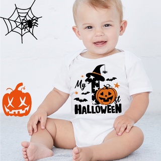 ชุดรอมเปอร์ พิมพ์ลาย My First Halloween น่ารัก สีขาว สําหรับเด็กทารกแรกเกิด เหมาะกับงานปาร์ตี้ฮาโลวีน