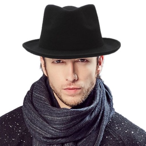 Hitam ผู้ชาย & 39;s สีดําคาวบอย Fedora คาวบอยหมวกคลาสสิก Fedora Quino สีดํา Fedora