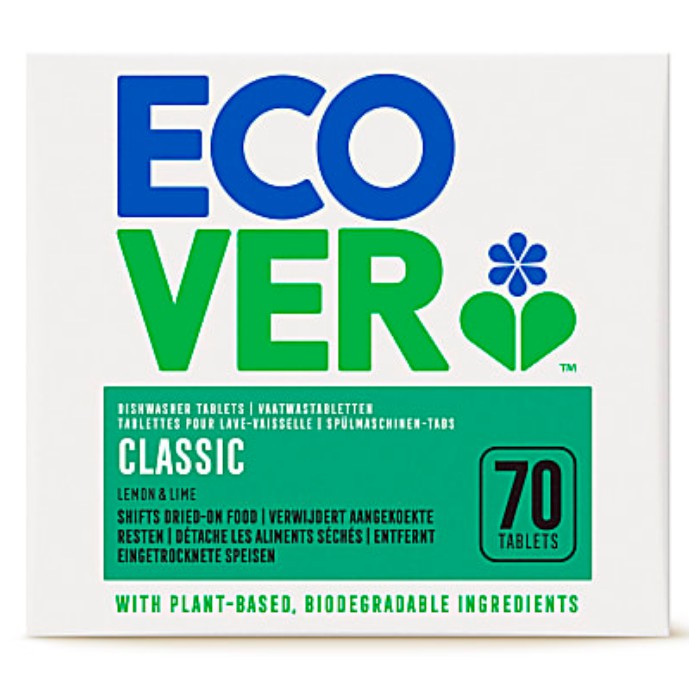 ECOVER น้ำยาล้างจานแบบเม็ด อีคอเวอร์ คลาสสิค ดิชวอชเชอร์ แท็บเล็ต ปราศจากฟอสเฟต กลิ่นมะนาว บรรจุ 70 เม็ด / ECOVER Classi