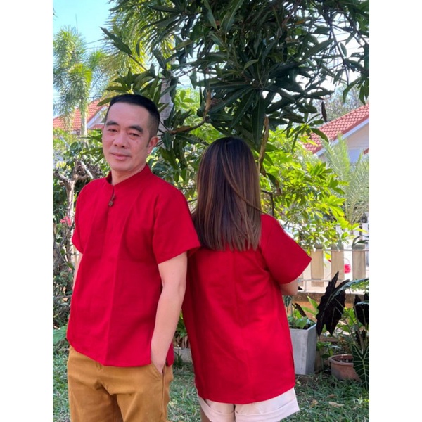 เสื้อคอจีนสีแดง เสื้อตรุษจีนสีแดงใส่ได้ชายหญิง
