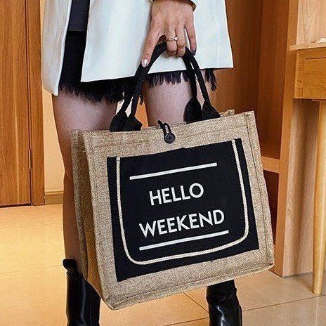 67 บาท กระเป๋าถือ HELLO WEEKEND กระเป๋าผ้ากระสอบ กระเป๋าผ้าแฟชั่น กระเป๋าสาน Women Bags