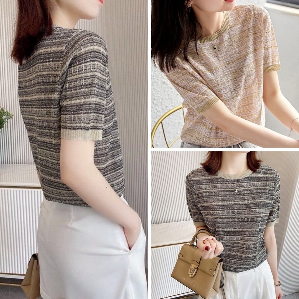 เสื้อไหมพรม 2 สี ลายทาง สีทูโทน แอปปิคอทชมพู เทาดำ - byclothingshop8 ...