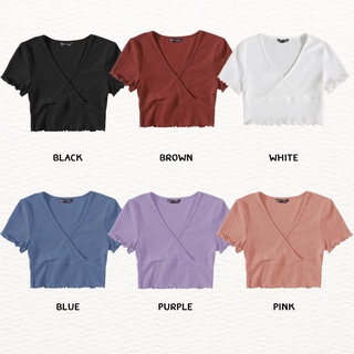 พร้อมส่ง 🍋 SHEIN เสื้อยืด เสื้อครอป สีพื้น ผ้าร่องวาฟเฟิล แขนสั้น ขอบหยัก มี 6 สี