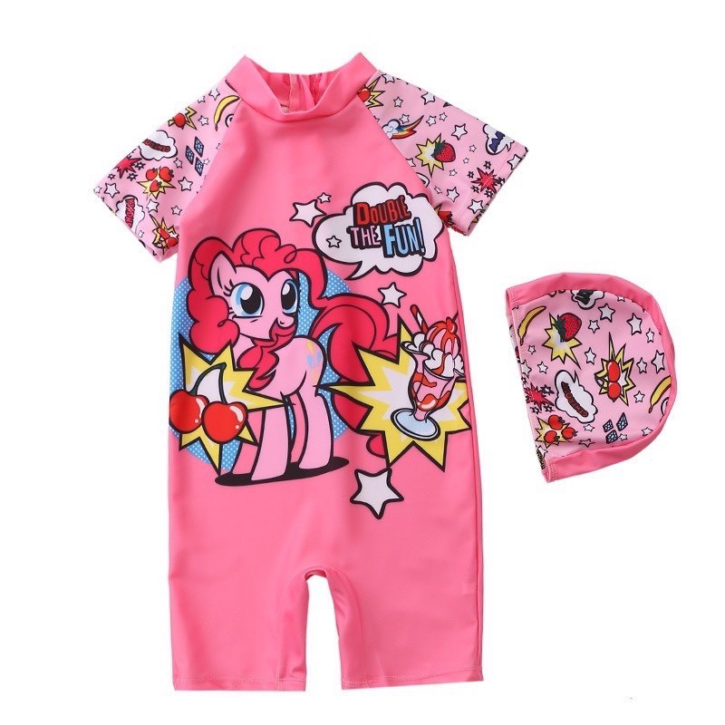 PRETTY BABY พร้อมส่ง ชุดว่ายน้ำเด็กผู้หญิง จั้มสูทขาสั้นเเขนสั้น(เเถมหมวก) 047