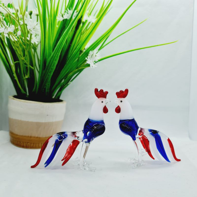 ไก่ ไก่แก้บนไอ้ ไก่ไอ้ไข่ ตกแต่งบ้าน งานเป่าแก้ว ไก่สีธงชาติไทย รุ่นพิเศษทำใหม่ของร้าน ไก่รักชาติ (ขายราคาคู่)