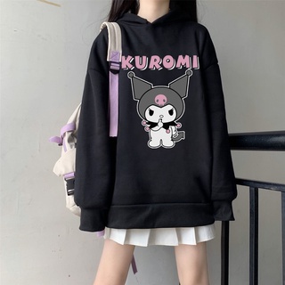 เสื้อกันหนาว มีฮู้ด ผ้ากํามะหยี่ แบบหนา พิมพ์ลาย Kuro น่ารัก สไตล์ญี่ปุ่น เหมาะกับฤดูใบไม้ร่วง และฤดูหนาว สําหรับผู้หญิง