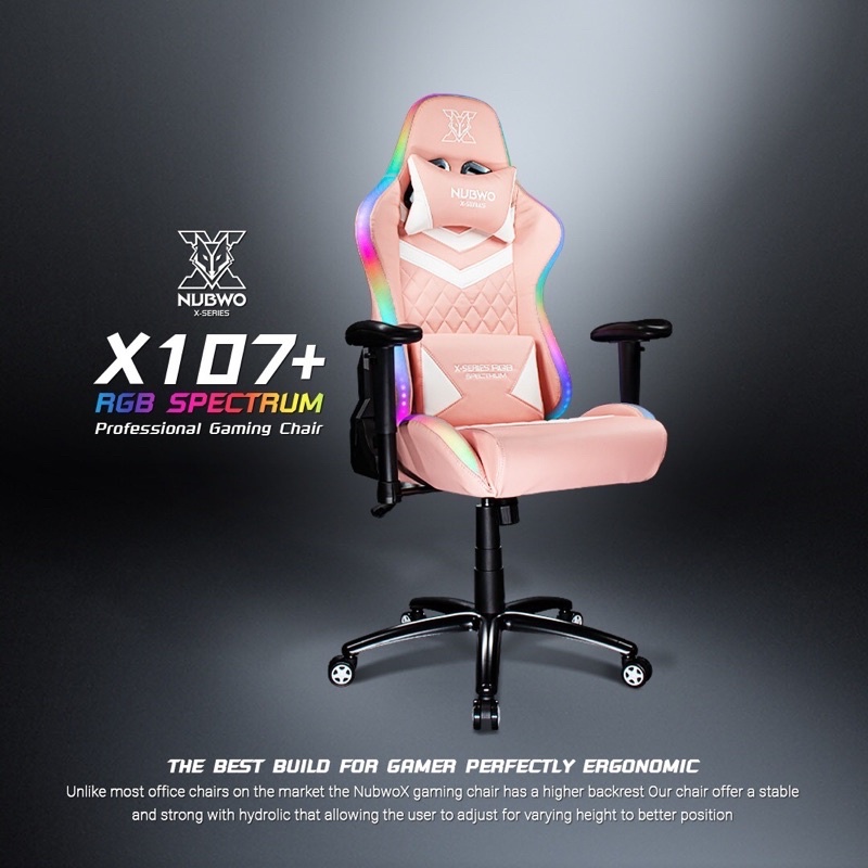 [Coins คืน 459‼️]NUBWO X107+ PINK EDITION RGB SPECTRUM GAMING CHAIR เก้าอี้เกมมิ่งเกียร์ มีไฟ RGB สีชมพู ขาเหล็ก เอนได้