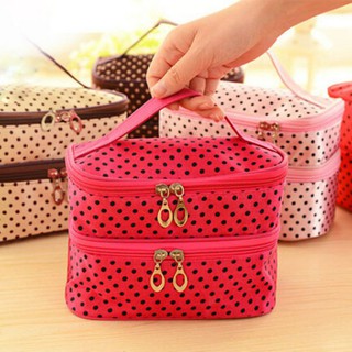 กระเป๋าเครื่องสำอางค์ 2 ชั้น  ใหญ่ ทรงสูง จุของได้เยอะ ลาย Polka dot 4 สี 4 สไตล์