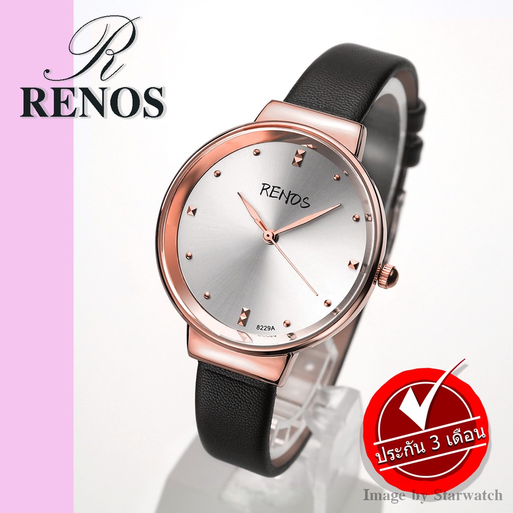 RENOS นาฬิกาข้อมือผู้หญิง สายหนัง รุ่น R8229A -Black/Silver