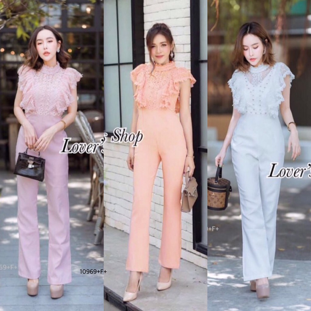 Sshop ส่งไว1-2วัน S10969 จั้มลูกไม้คอปีนขายาวLong-legged lace-up collar