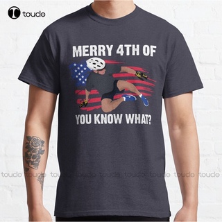 T-shirt  4th Of July Joe Biden Falls Off Bike เสื้อยืด คอปก สีขาว สไตล์คลาสสิกS-5XL