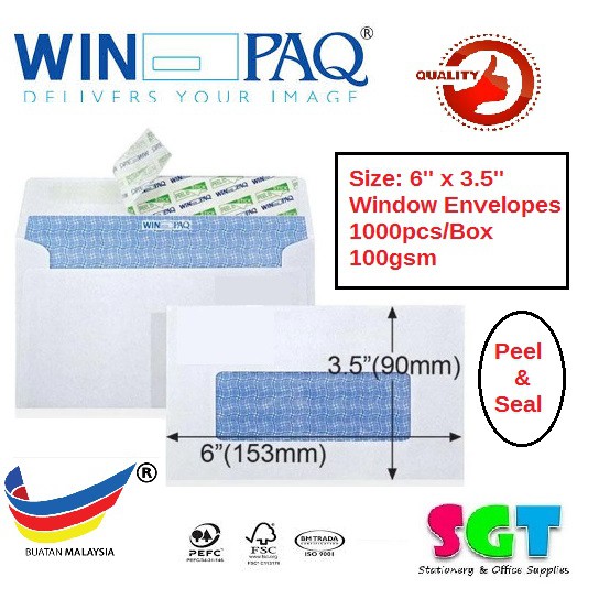 Winpaq 6 X 3.5 100G 153MM X 90MM White Window P&S Envelopes 1000s/Box (FWP6034PW-P)