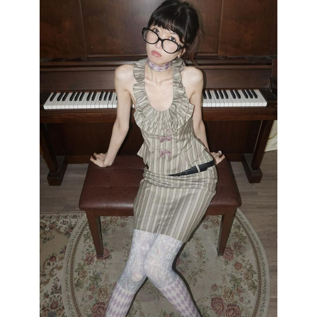 Shanmieleng ฝรั ่ งเศส Retro Halterneck Strapless U คอแคบเอวลายชุดแขนกุดกระโปรงด ้ านบน