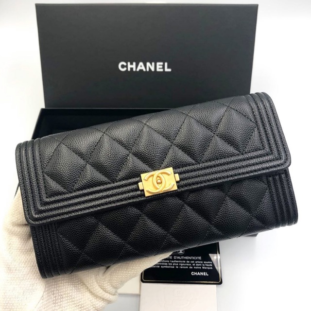 Used like new Chanel Boy Long Wallet Black Caviar Holo 25