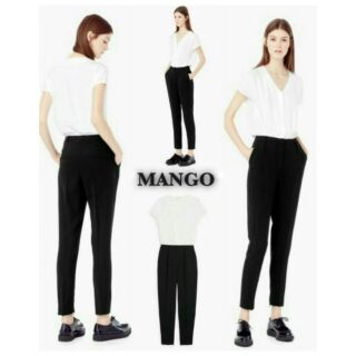 MANGO Black&amp;White Jumpsuit ชุดจั้มสูท แขนสั้น คอวี ขายาว สีทูโทนจั๊มสูทสีขาวดำ ทรงสวย