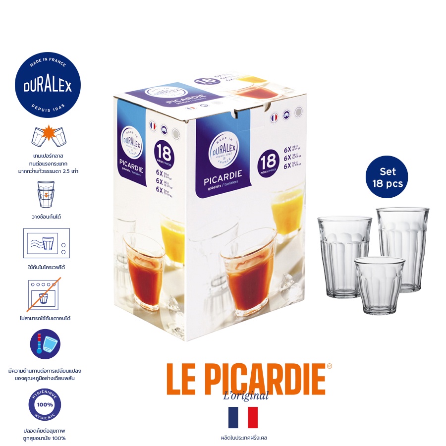 Duralex Picardie เซ็ตกล่อง 18 ใบ  แก้วน้ำกาแฟชา เรียงซ้อนกันได้ ทนความร้อน ขนาด 250,360,500 ml ราคา ถูกที่สุด ดีลบีเคเค