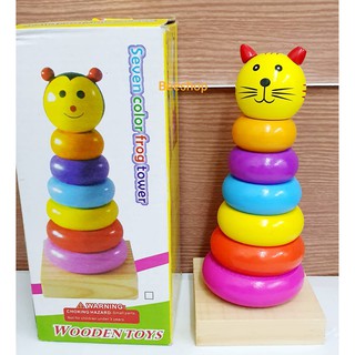 Wooden toys  ของเล่นไม้ เกมWOODEN TOYS SEVEN COLOR FROG TOWER-เกมส์ตัวต่อไม้ 7 สี 7 ชั้นฝึกทักษะการเรียนรู้สำหรับเด็กเล็