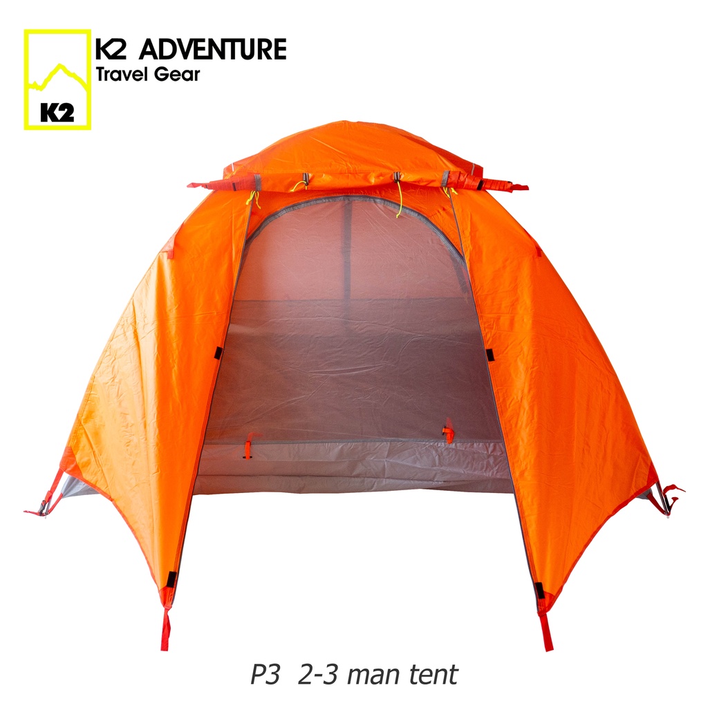 เต็นท์ K2 ADVENTURE รุ่น P3 สีส้ม นอน 2-3 คน น้ำหนักเบาเสาอลู กันฝนกันลม สายจักรยานมอเตอร์ไซค์