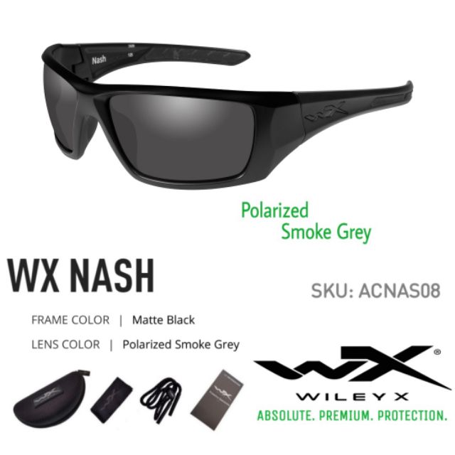 แว่นตา Wiley X รุ่น Nash เลนส์โพลาไรซ์สีเทาตัดแสงสะท้อนสบายยามสวมใส่กรอบเต็มสีดำพร้อมกระเป๋าใส่แว่น รับประกัน 1ปี