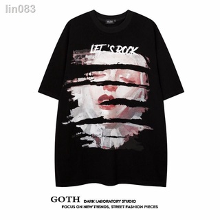 lin083GOTH Gothic tide dark แผนกการฉีกขาดการพิมพ์ตัวอักษร tide แบรนด์เสื้อยืดแขนสั้นผู้ชายและผู้หญิงยุโรปและอเมริกาแนวโน