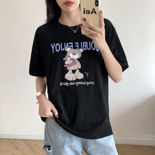 Korean style loose cartoon bear all-match short-sleeved T-shirt womens 2021 new summer womens clothes top womens 100%