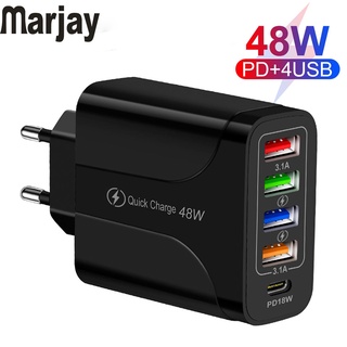 Marjay อะแดปเตอร์ที่ชาร์จ USB 48W 4 พอร์ต PD ชาร์จเร็ว สําหรับโทรศัพท์มือถือ