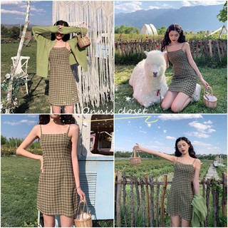 Onnis_closetพร้องส่ง🍃ชุดเดรสสั้นมินิเดรสลายสก๊อตสายเดี่ยว/แขนสั้นผ้าลินินทรงน่ารัก#8513