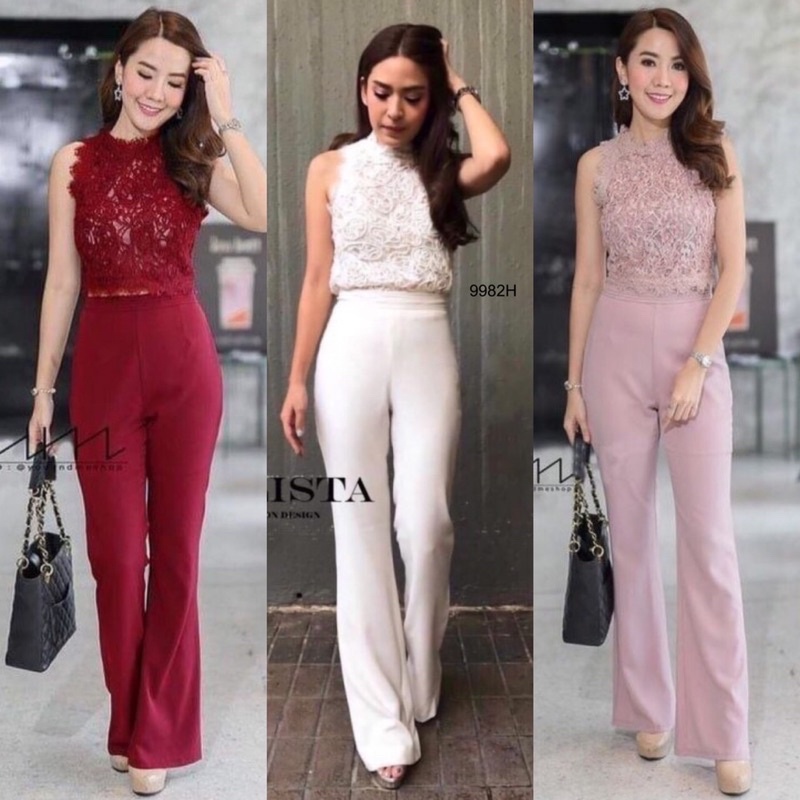 Set 2 ชิ้น เสื้อลูกไม้แขนกุด มีซับในมีซิปหลัง + กางเกงทรงเอวสูงขายาว ทรงกระบอก ผ้าซาร่า มีซิปด้านหลัง
