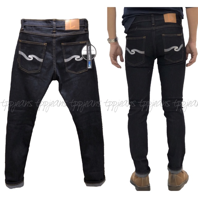 JEANSEXPRESS กางเกงยีนส์ชาย ทรงSlim-fit รุ่นกระดุมสีดำล้างน้ำ ผ้ายืด ปักด้ายขาว ไซส์28”-42”