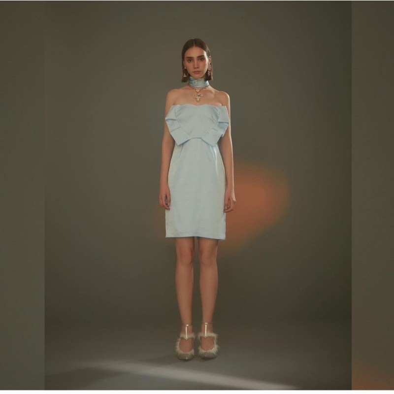 เดรส เดรสเกาะอก Dress ชุดสีฟ้า ชุดใส่ไปงาน  size XS, S, M,L ยี่ห้อ Lynaround Lyn around สินค้าใหม่ไม่ผ่านมือ P