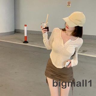 Bigmall- เสื้อยืดแขนยาว คอเฮนเลย์ สีพื้น สไตล์เรียบง่าย สีดํา แอปริคอท สําหรับผู้หญิง