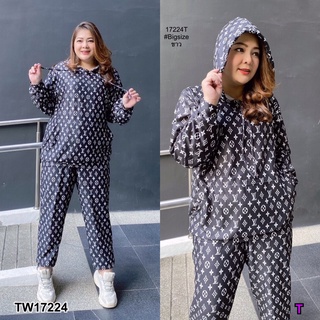 PP17224 set #bigsize เสื้อมีฮู้ดแขนยาว พิมลาย + กางเกงขายาว