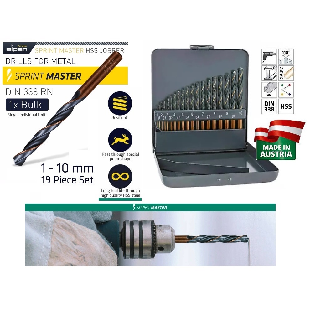 Alpen 19 ชิ้น (1.0~10 มม.) Sprint Master HSS Jobber เจาะชุด