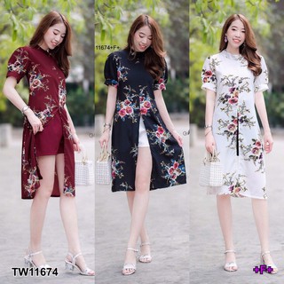 CS11674  Set เสื้อตัวยาวผ่าหน้าลายกุหลาบ+กางเกงขาสั้น